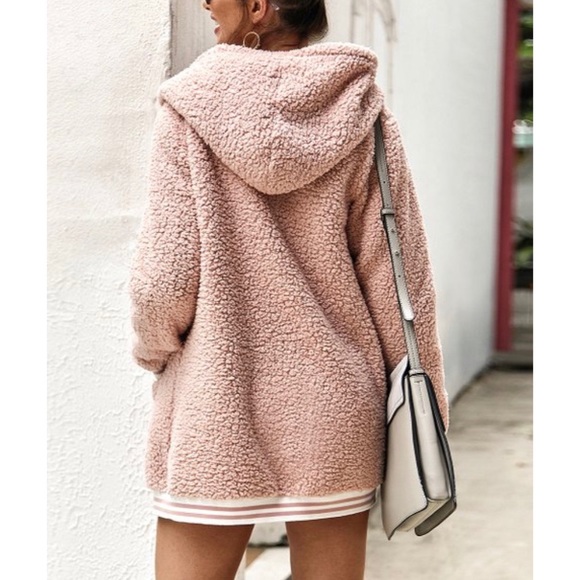 LAST ONE! Pink Stripe Hooded Sherpa Open Cardigan - Picture 3 of 5